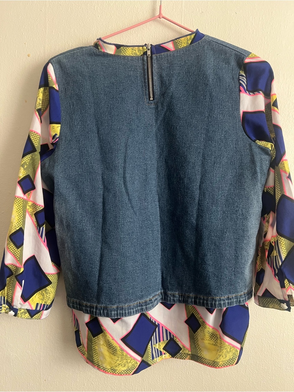 Antique Blue Denim Pullover with Multicolor Geometric Sleeves - Picture 2 of 3